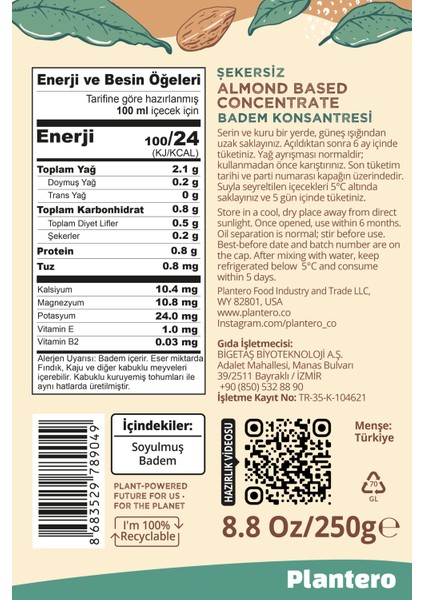 2'li Set Badem Sütü Bazı Konsantre 250GR, %100 Badem, 25 Bardak 6 Lt Süt