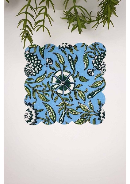 Mavi Çini Bahçesi Desenli Scallop Lazer Kesim Kokteyl Peçetesi 1 Adet