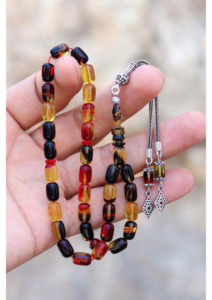 Hareli Sarı Siyah Kapsül Kesim Gümüş Püsküllü Ateş Kehribar Tesbih 201024419