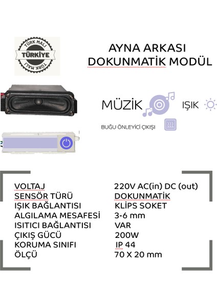 Ayna Arkası 220V Bluetooth'lu Hoparlörlü Dokunmatik Sensör