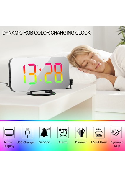 Dinamik Rgb Işıklı Dijital Çalar Saat Kısılabilir Parlaklık Ayarlanabilir Erteleme Fonksiyonu USB Şarj Portu Aynalı Saat 12H/24H Yatak Odası Ev Ofis Dekoru Duvara Monte (Yurt Dışından)