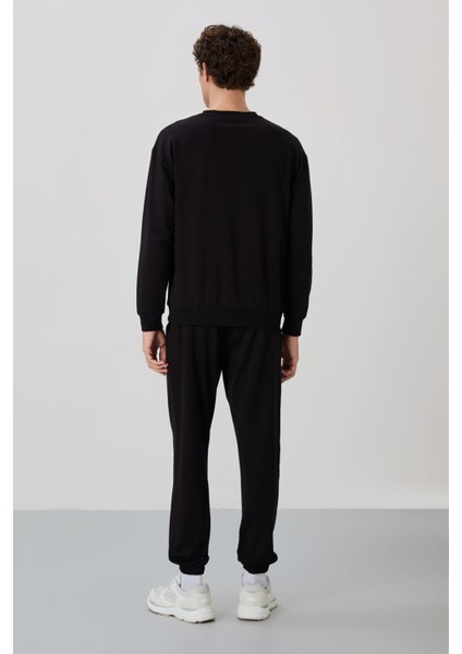 Siyah Casual O Yaka Lastik Paça Pamuklu Erkek Oversize Eşofman Takımı - 85120
