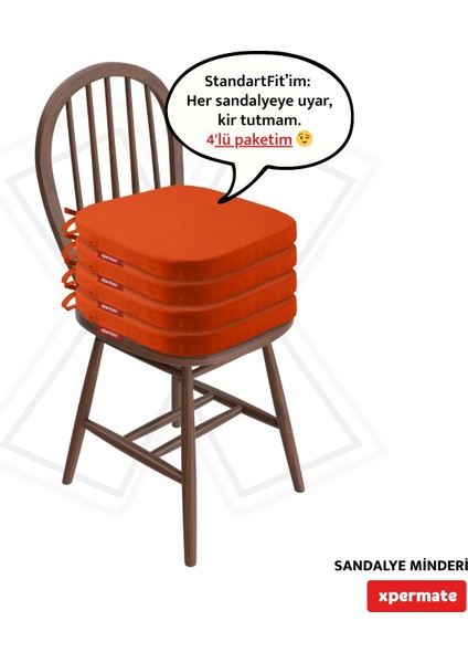 4'lü Standartfit Oval Sandalye Minderi Fermuarlı Yıkanabilir Kılıf Bağcıklı Su ve Yağ Itici 42 x 42 x 5 Kiremit