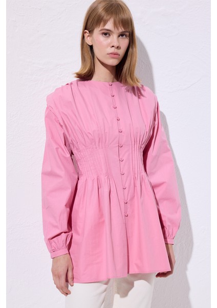 Beli Pile Detaylı Uzun Kol Bluz Pembe