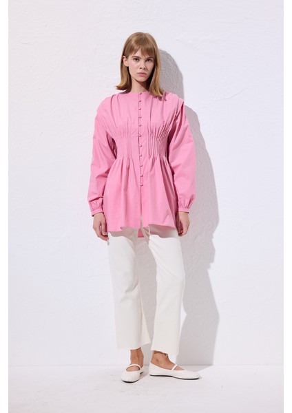 Beli Pile Detaylı Uzun Kol Bluz Pembe modelleri