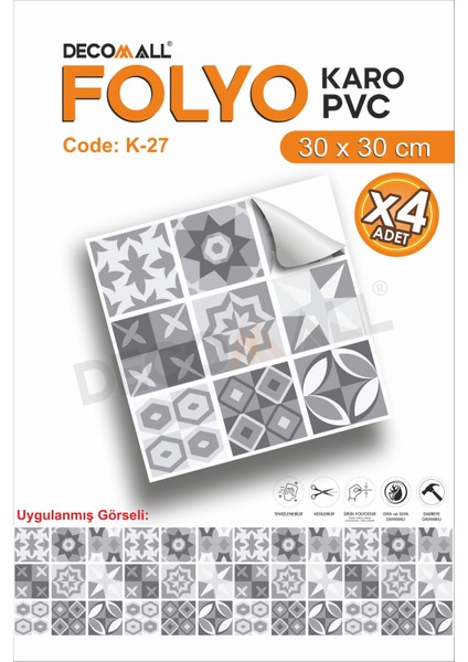 K-27 Kendinden Yapışkanlı Folyo Karo Suya Dayanıklı Mutfak Banyo Zemin Kaplama 30X30 Cm(4 Adet)