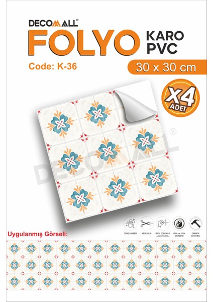 K-36 Kendinden Yapışkanlı Folyo Karo Suya Dayanıklı Mutfak Banyo Zemin Kaplama 30X30 Cm(4 Adet)