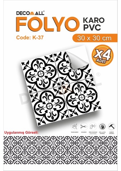 K-37 Kendinden Yapışkanlı Folyo Karo Suya Dayanıklı Mutfak Banyo Zemin Kaplama 30X30 Cm(4 Adet)