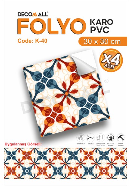 K-40 Kendinden Yapışkanlı Folyo Karo Suya Dayanıklı Mutfak Banyo Zemin Kaplama 30X30 Cm(4 Adet)