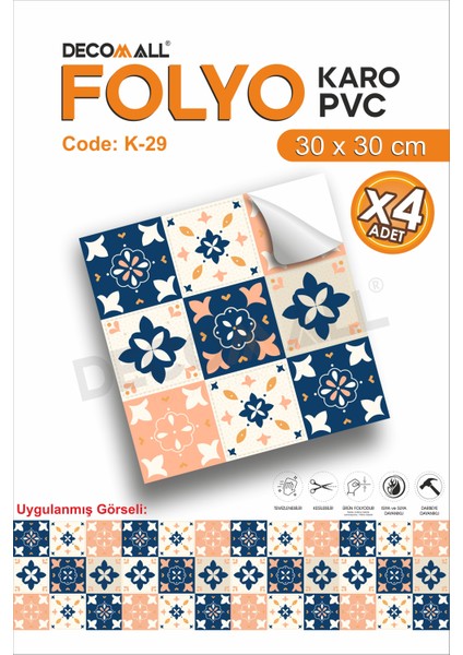K-29 Kendinden Yapışkanlı Folyo Karo Suya Dayanıklı Mutfak Banyo Zemin Kaplama 30X30 Cm(4 Adet)
