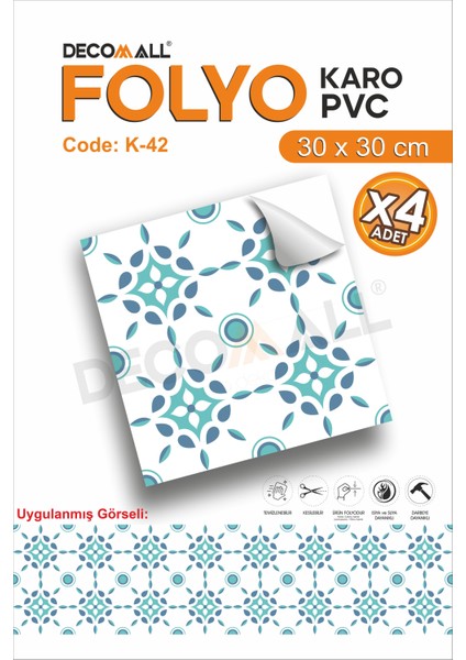 K-42 Kendinden Yapışkanlı Folyo Karo Suya Dayanıklı Mutfak Banyo Zemin Kaplama 30X30 Cm(4 Adet)