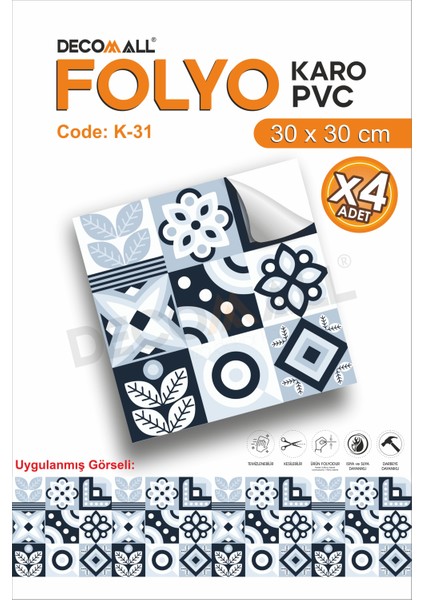 K-31 Kendinden Yapışkanlı Folyo Karo Suya Dayanıklı Mutfak Banyo Zemin Kaplama 30X30 Cm(4 Adet)