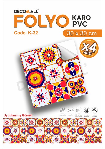 K-32 Kendinden Yapışkanlı Folyo Karo Suya Dayanıklı Mutfak Banyo Zemin Kaplama 30X30 Cm(4 Adet)