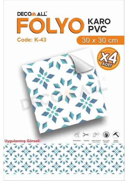K-43 Kendinden Yapışkanlı Folyo Karo Suya Dayanıklı Mutfak Banyo Zemin Kaplama 30X30 Cm(4 Adet)