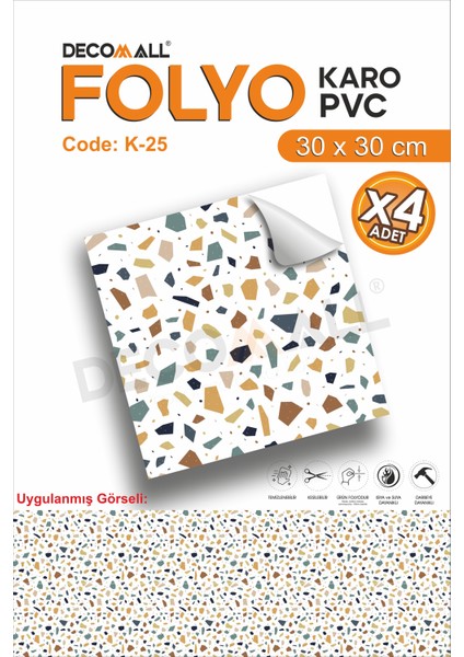 K-25 Kendinden Yapışkanlı Folyo Karo Suya Dayanıklı Mutfak Banyo Zemin Kaplama 30X30 Cm(4 Adet)