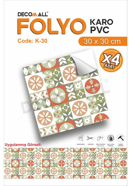K-30 Kendinden Yapışkanlı Folyo Karo Suya Dayanıklı Mutfak Banyo Zemin Kaplama 30X30 Cm(4 Adet)