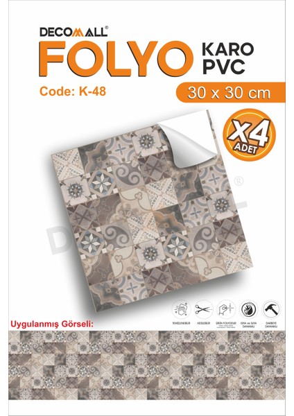 K-48 Kendinden Yapışkanlı Folyo Karo Suya Dayanıklı Mutfak Banyo Zemin Kaplama 30X30 Cm(4 Adet)