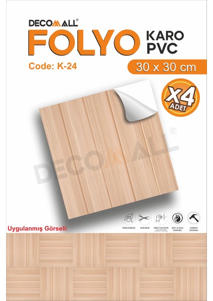 K-24 Kendinden Yapışkanlı Folyo Karo Suya Dayanıklı Mutfak Banyo Zemin Kaplama 30X30 Cm(4 Adet)