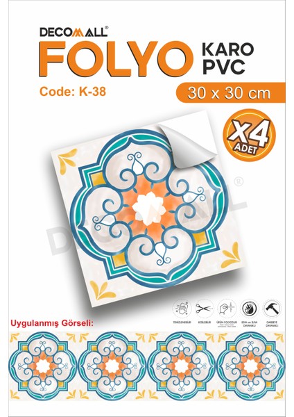 K-38 Kendinden Yapışkanlı Folyo Karo Suya Dayanıklı Mutfak Banyo Zemin Kaplama 30X30 Cm(4 Adet)