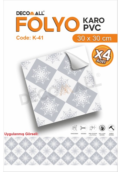 K-41 Kendinden Yapışkanlı Folyo Karo Suya Dayanıklı Mutfak Banyo Zemin Kaplama 30X30 Cm(4 Adet)