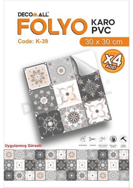 K-39 Kendinden Yapışkanlı Folyo Karo Suya Dayanıklı Mutfak Banyo Zemin Kaplama 30X30 Cm(4 Adet)