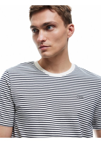 Slim Fit Kısa Kollu Bisiklet Yaka Çizgili Tişört