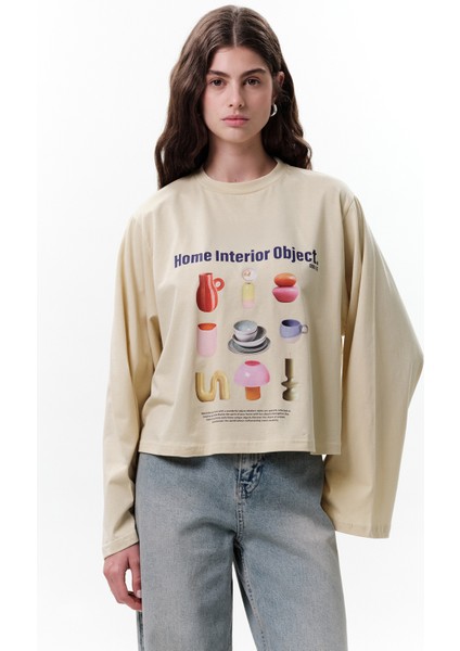 Baskılı Crop Uzun Kol T-Shırt Objeckt