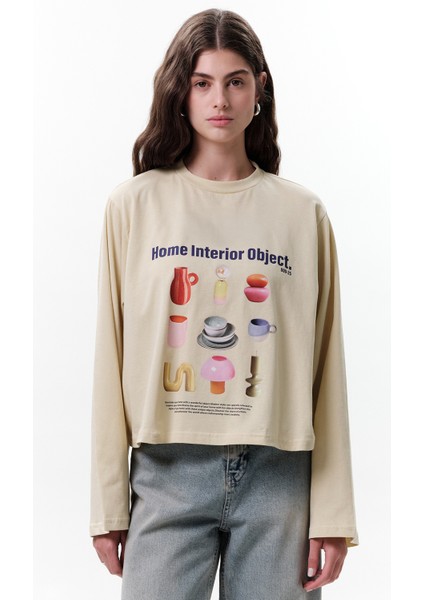 Baskılı Crop Uzun Kol T-Shırt Objeckt modelleri