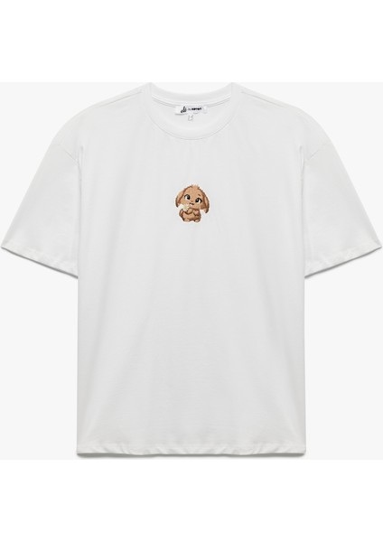 Kısa Kollu Bisiklet Yaka Pamuklu Köpek Işlemeli Oversize Tişört modelleri