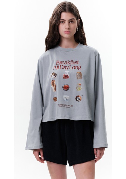 Baskılı Crop Uzun Kol T-Shırt Breakfast