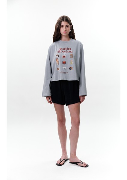Baskılı Crop Uzun Kol T-Shırt Breakfast modelleri