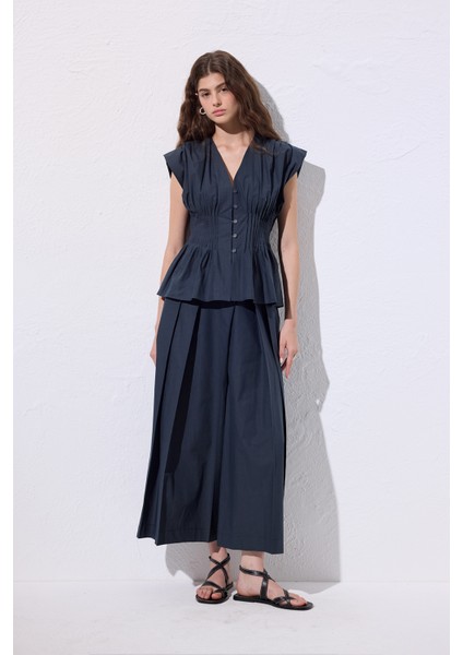 Beli Pile Detaylı Kolsuz Bluz Lacivert modelleri