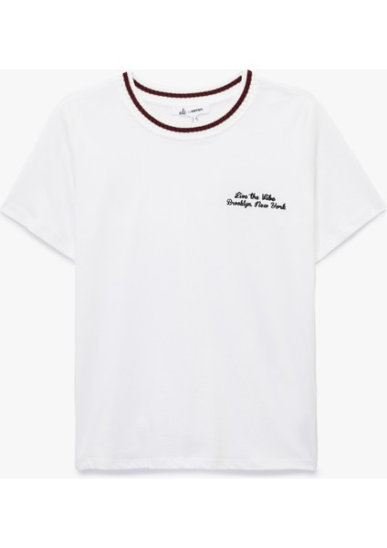 Kısa Kollu Yaka Detaylı Bisiklet Yaka Pamuklu Işlemeli Tişört