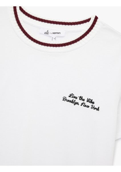 Kısa Kollu Yaka Detaylı Bisiklet Yaka Pamuklu Işlemeli Tişört modelleri