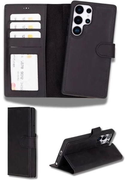 Samsung Galaxy S25 Ultra Uyumlu, Hakiki Deri, El Yapımı, Cüzdanlı Kılıf, Mat Siyah indirimleri