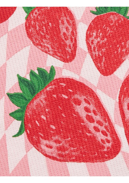 Pamuklu Kısa Kollu Bisiklet Yaka Çilek Baskılı Crop Tişört modelleri