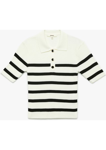Düğmeli Kısa Kollu Çizgili Triko Polo Yaka Kazak