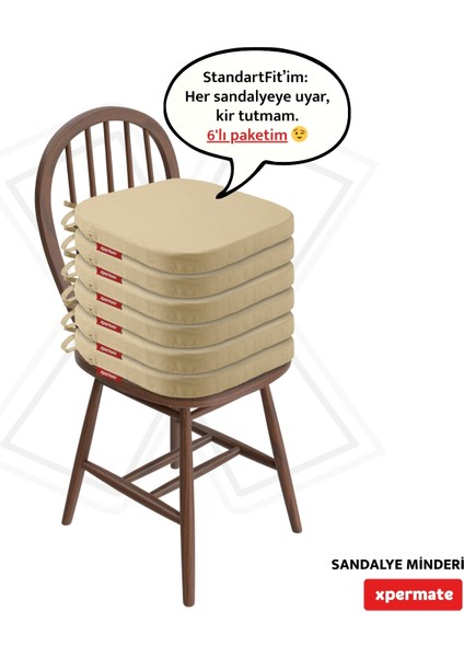 6'lı Standartfit Oval Sandalye Minderi Fermuarlı Yıkanabilir Kılıf Bağcıklı Su ve Yağ Itici 42 x 42 x 5 Bej