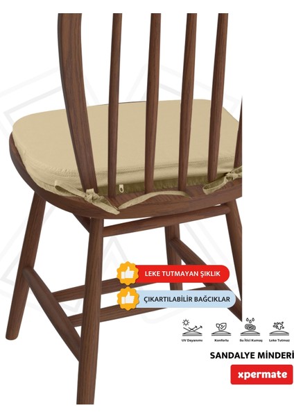 6'lı Standartfit Oval Sandalye Minderi Fermuarlı Yıkanabilir Kılıf Bağcıklı Su ve Yağ Itici 42 x 42 x 5 Bej modelleri
