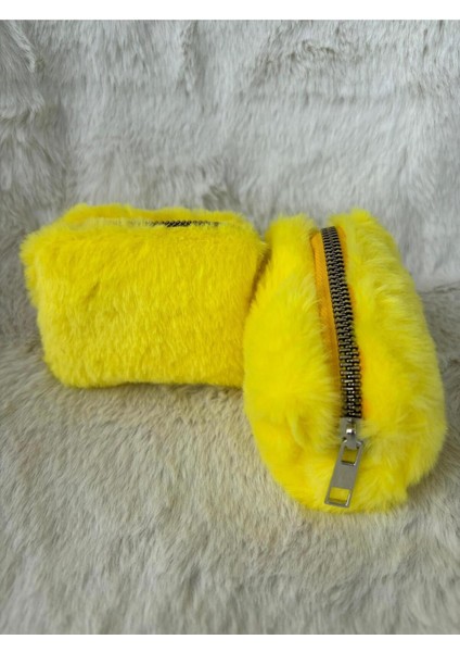 Çiftli Sarı Düz Puffed Peluş Kürk Mini Boy Makyaj ve Para Çantası