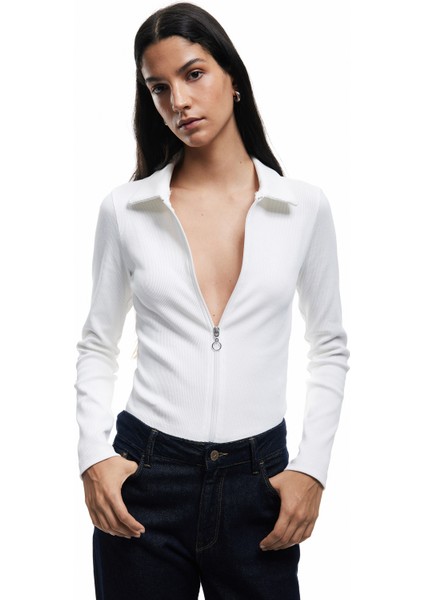 Fermuarlı Slim Fit Gömlek Yaka Kaşkorse Uzun Kollu Tişört