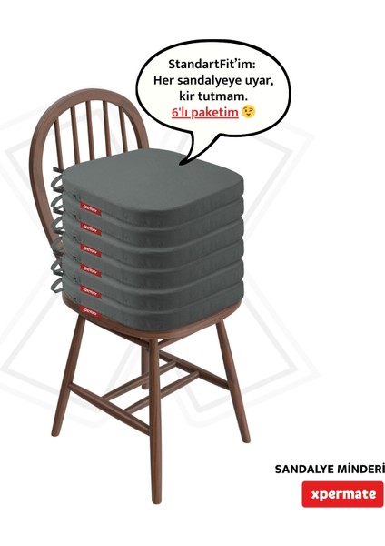 6'lı Standartfit Oval Sandalye Minderi Fermuarlı Yıkanabilir Kılıf Bağcıklı Su ve Yağ Itici 42 x 42 x 5 Antrasit