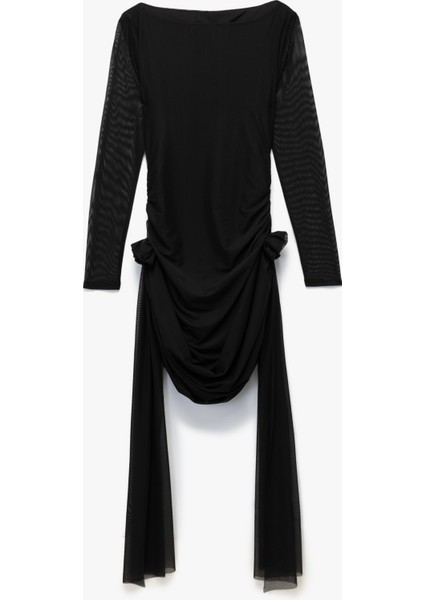 Uzun Kollu Kayık Yaka Tüllü Gül Detaylı Mini Bodycon Elbise