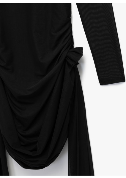 Uzun Kollu Kayık Yaka Tüllü Gül Detaylı Mini Bodycon Elbise modelleri