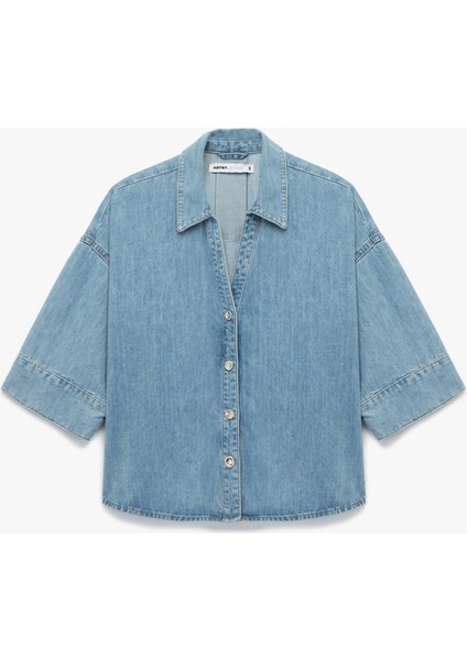 Oversize V Yaka Pamuklu Yarım Kollu Jean Gömlek