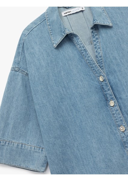 Oversize V Yaka Pamuklu Yarım Kollu Jean Gömlek modelleri
