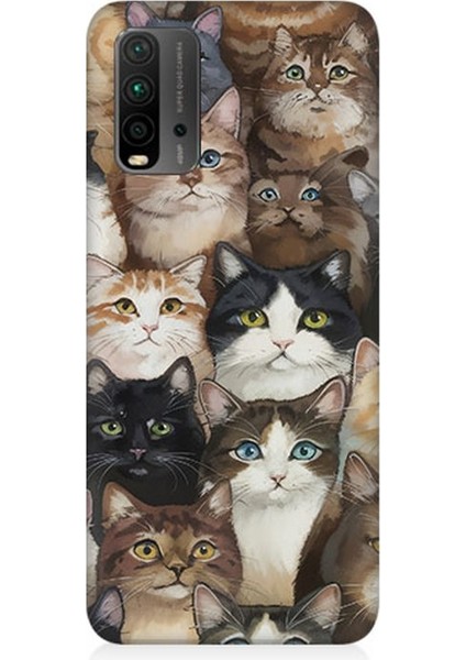 Xiaomi Redmi 9t Uyumlu Kedi Kalabalığında Kaos Desenli Silikon Kılıf