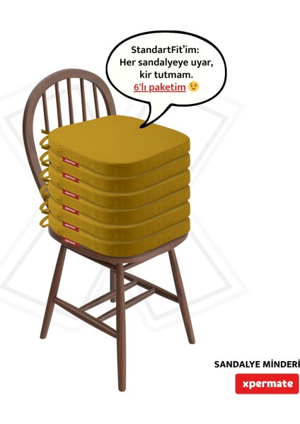 6'lı Standartfit Oval Sandalye Minderi Fermuarlı Yıkanabilir Kılıf Bağcıklı Su ve Yağ Itici 42 x 42 x 5 Hardal