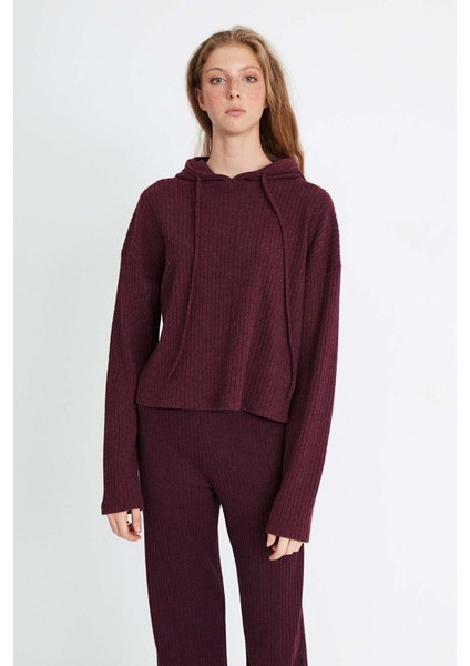 Layla Kadın Triko Görünümlü Kapüşonlu Ribana Bordo Sweatshirt