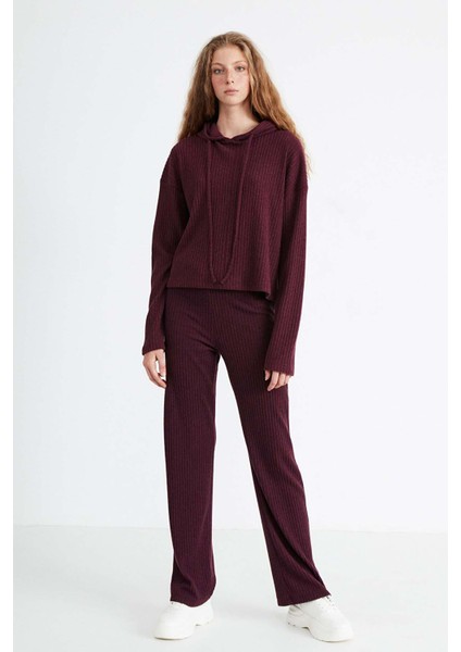 Layla Kadın Triko Görünümlü Kapüşonlu Ribana Bordo Sweatshirt indirimleri